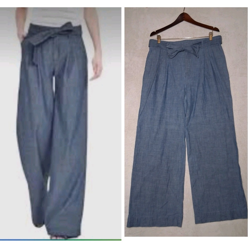 Banana Republic Womens Wide Leg Belted Pants Trousers Size 12 Blue 100% Cotton